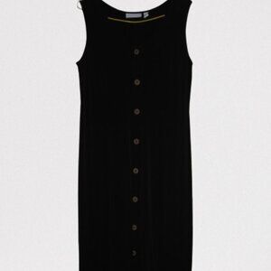 Susan Graver Classy Black Dress with Flared Hem and Wood like Buttons Si…